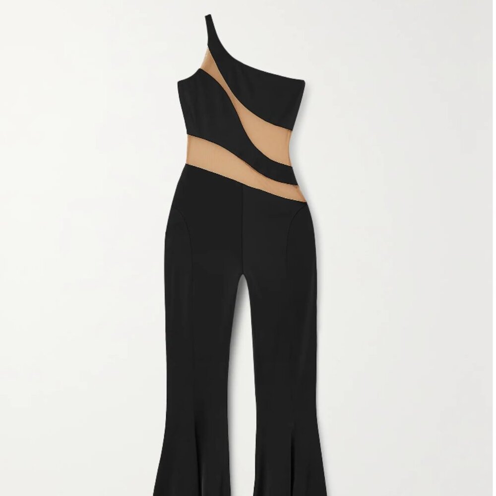 Norma Kamali Snake one-shoulder mesh-paneled stretch-jersey jumpsuit